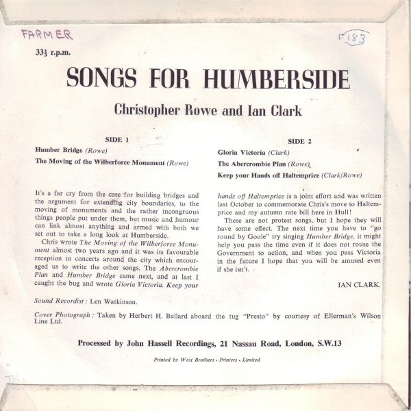 Songs for Humberside Back Cover (1971)